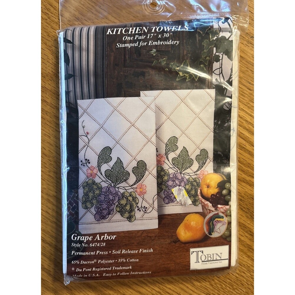 Grape Arbor Kitchen Towels 17x30" Stamped embroidery by Tobin No. 6474/28 New